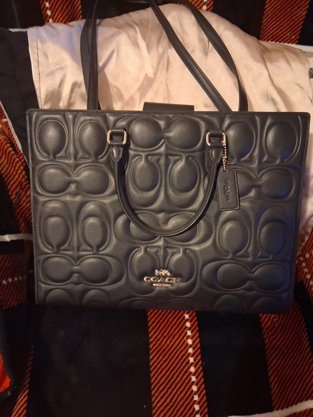 Coach Black Leather Embossed Tote Bag